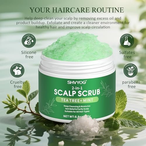 SHVYOG Scalp Scrub with Tea Tree & Coconut Oil - Anti-Dandruff Detox Clarifying Exfoliator Shampoo with Sea Salt & Scalp Scrubber for Itchy Scalp, 8.82 oz Avelisse