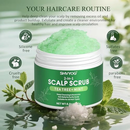 SHVYOG Scalp Scrub with Tea Tree & Coconut Oil - Anti-Dandruff Detox Clarifying Exfoliator Shampoo with Sea Salt & Scalp Scrubber for Itchy Scalp, 8.82 oz Avelisse