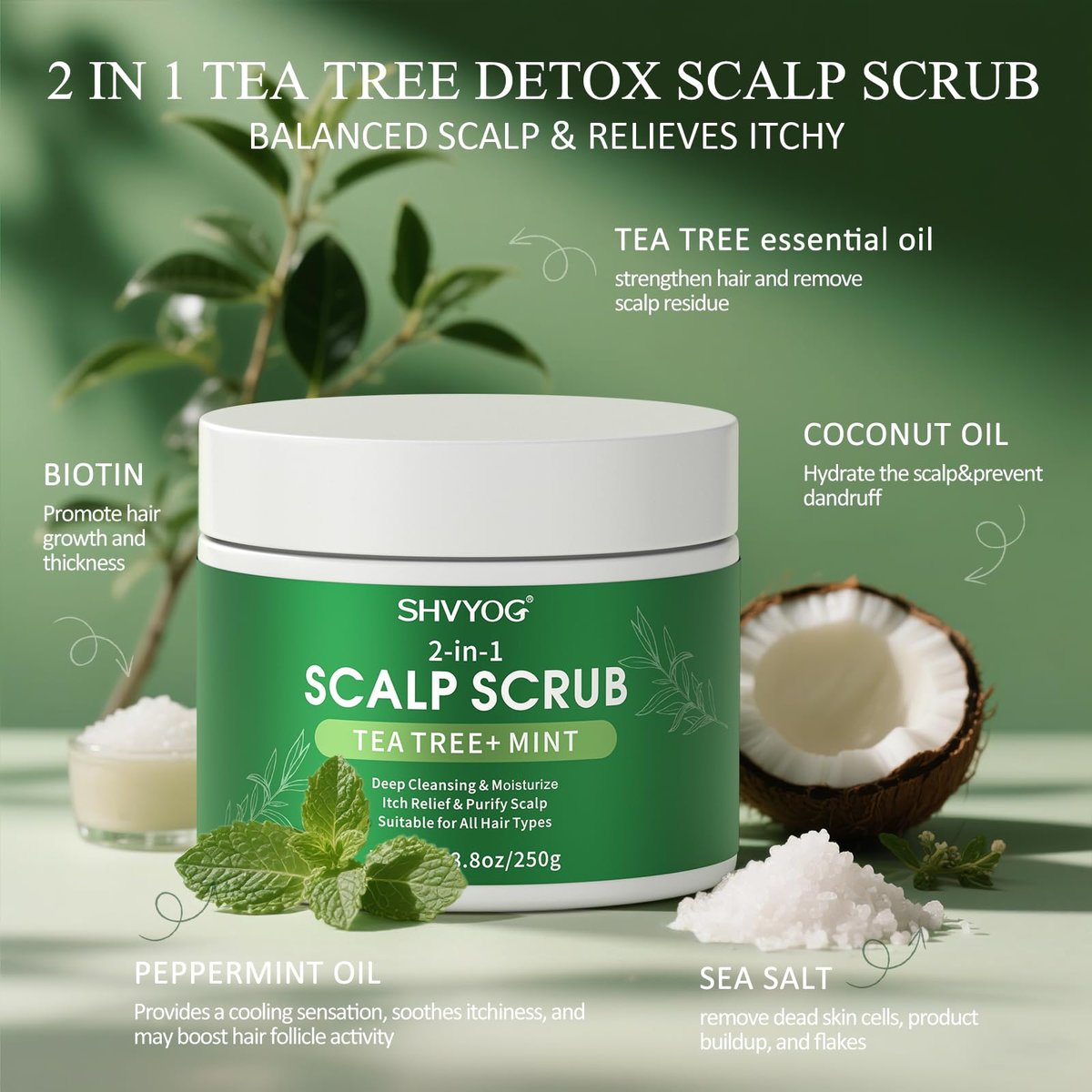 SHVYOG Scalp Scrub with Tea Tree & Coconut Oil - Anti-Dandruff Detox Clarifying Exfoliator Shampoo with Sea Salt & Scalp Scrubber for Itchy Scalp, 8.82 oz Avelisse