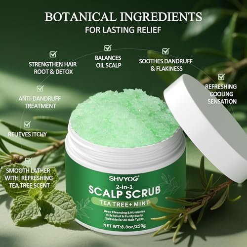 SHVYOG Scalp Scrub with Tea Tree & Coconut Oil - Anti-Dandruff Detox Clarifying Exfoliator Shampoo with Sea Salt & Scalp Scrubber for Itchy Scalp, 8.82 oz Avelisse