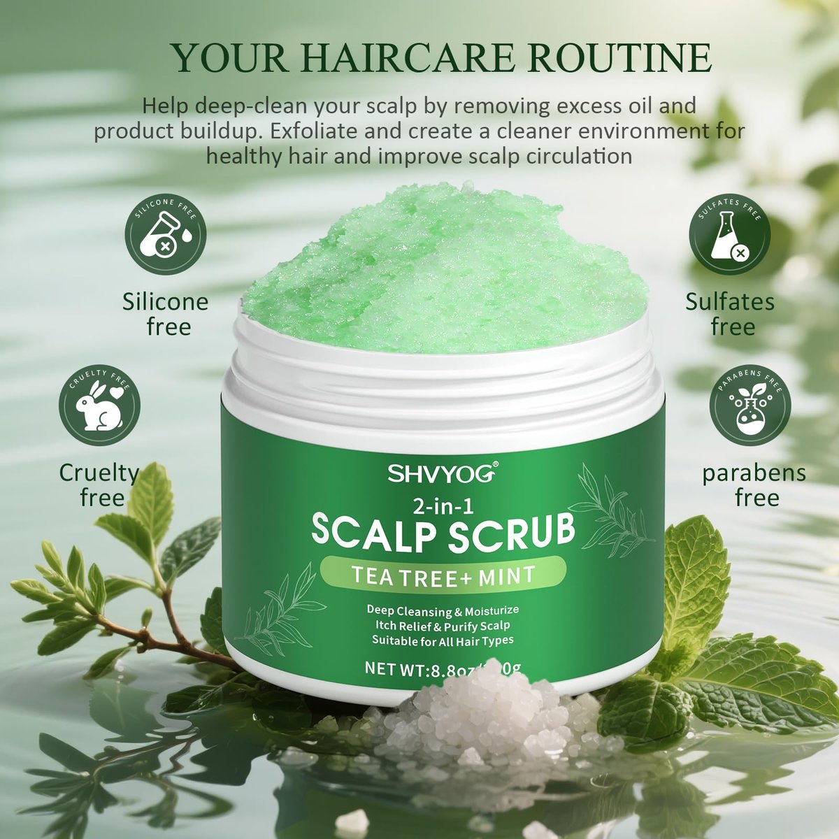 SHVYOG Scalp Scrub with Tea Tree & Coconut Oil - Anti-Dandruff Detox Clarifying Exfoliator Shampoo with Sea Salt & Scalp Scrubber for Itchy Scalp, 8.82 oz Avelisse