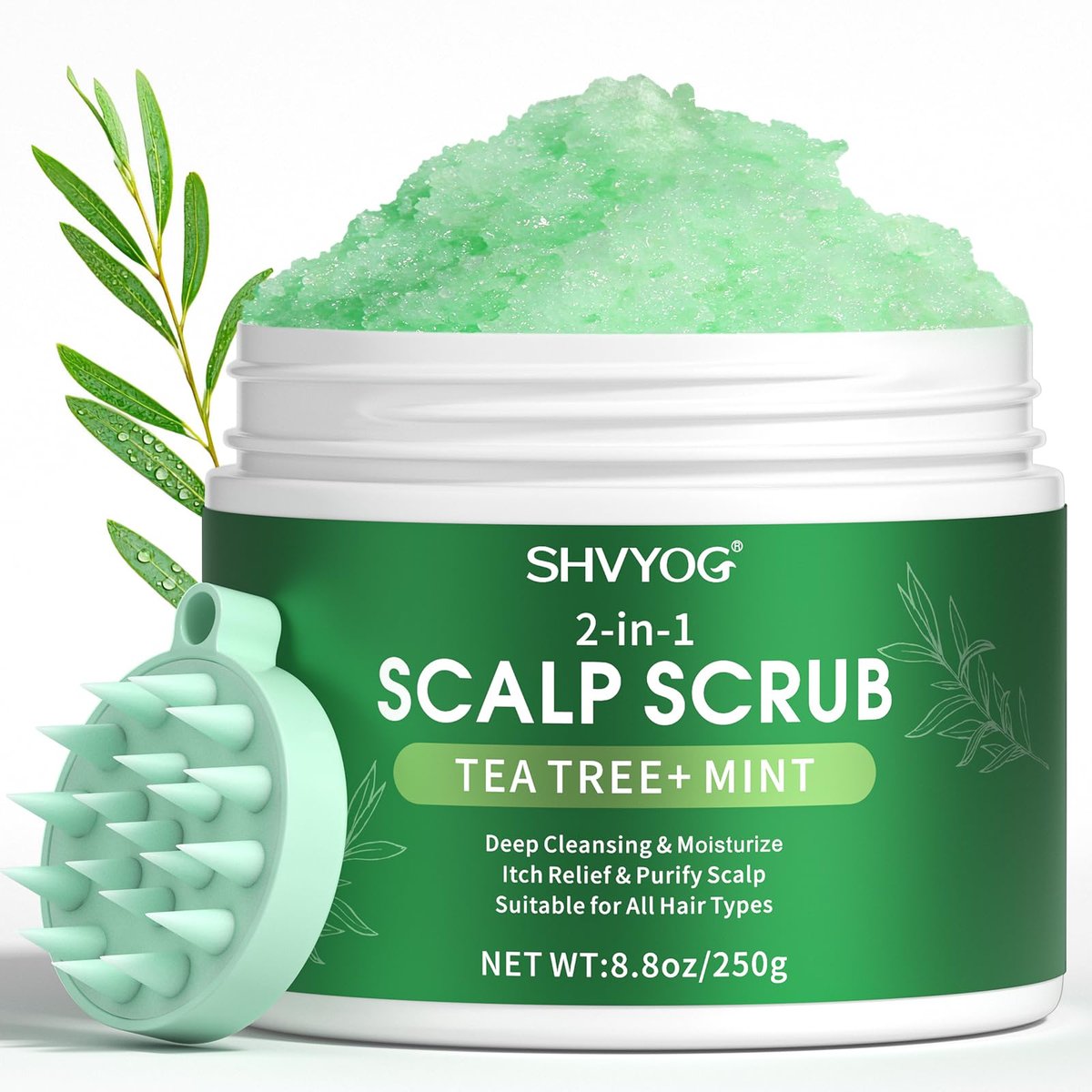SHVYOG Scalp Scrub with Tea Tree & Coconut Oil - Anti-Dandruff Detox Clarifying Exfoliator Shampoo with Sea Salt & Scalp Scrubber for Itchy Scalp, 8.82 oz Avelisse