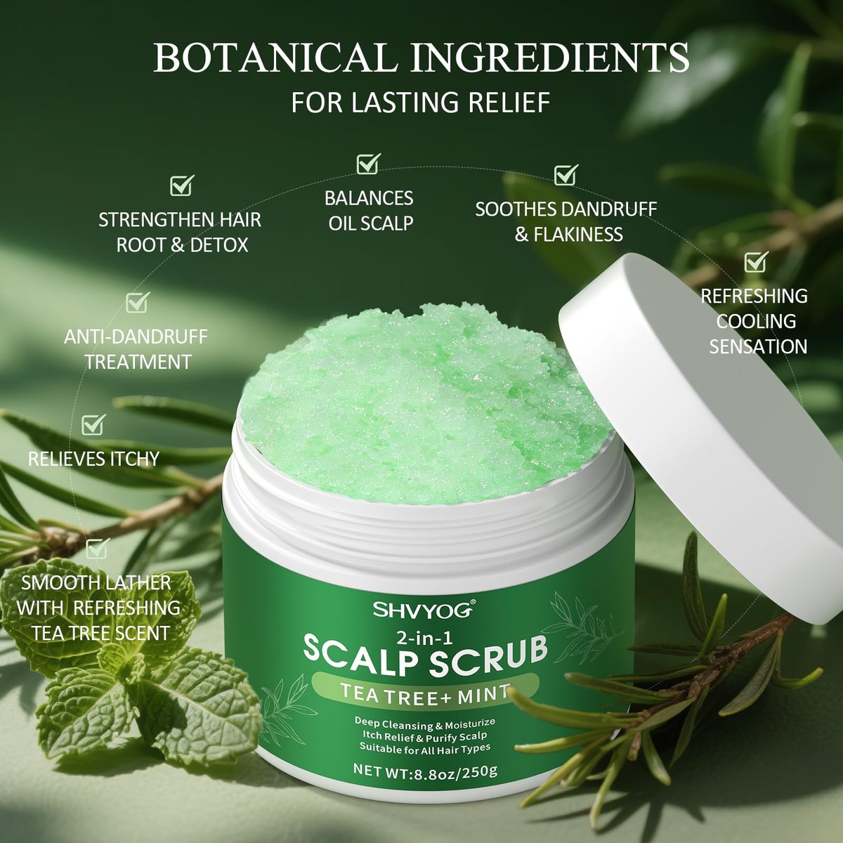 SHVYOG Scalp Scrub with Tea Tree & Coconut Oil - Anti-Dandruff Detox Clarifying Exfoliator Shampoo with Sea Salt & Scalp Scrubber for Itchy Scalp, 8.82 oz Avelisse