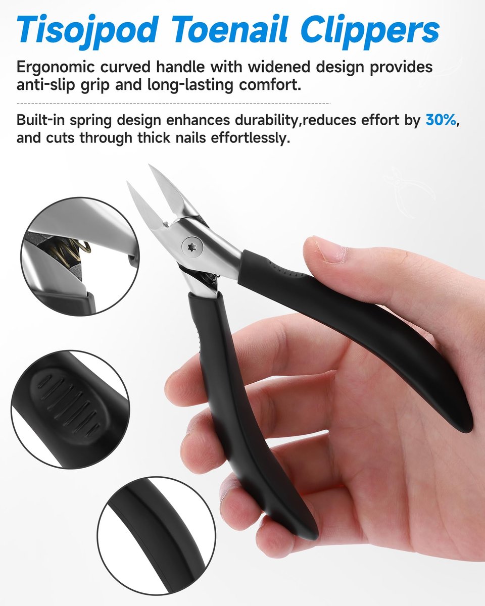 Tisojpod Nail Clippers - Stainless Steel Straight Blade for Ingrown & Thick Toenails, Soft Handle Nail Cutter for Men, Women & Seniors (Black) Avelisse