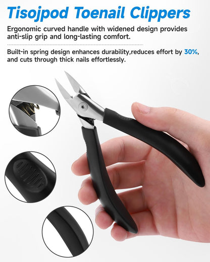 Tisojpod Nail Clippers - Stainless Steel Straight Blade for Ingrown & Thick Toenails, Soft Handle Nail Cutter for Men, Women & Seniors (Black) Avelisse