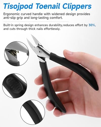 Tisojpod Nail Clippers - Stainless Steel Straight Blade for Ingrown & Thick Toenails, Soft Handle Nail Cutter for Men, Women & Seniors (Black) Avelisse