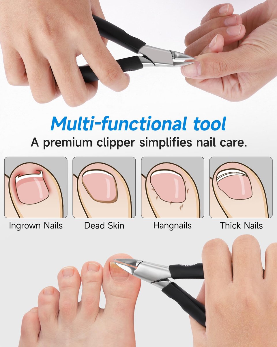 Tisojpod Nail Clippers - Stainless Steel Straight Blade for Ingrown & Thick Toenails, Soft Handle Nail Cutter for Men, Women & Seniors (Black) Avelisse