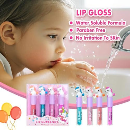M&U MAKE YOU UP 4pc Unicorn Lip Gloss Stick for Girls - Party Favors Glossy Lip Set with Magic Topper, Non Toxic (4 Pack)