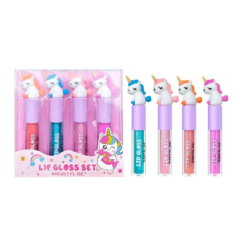 M&U MAKE YOU UP 4pc Unicorn Lip Gloss Stick for Girls - Party Favors Glossy Lip Set with Magic Topper, Non Toxic (4 Pack) - görsel 1