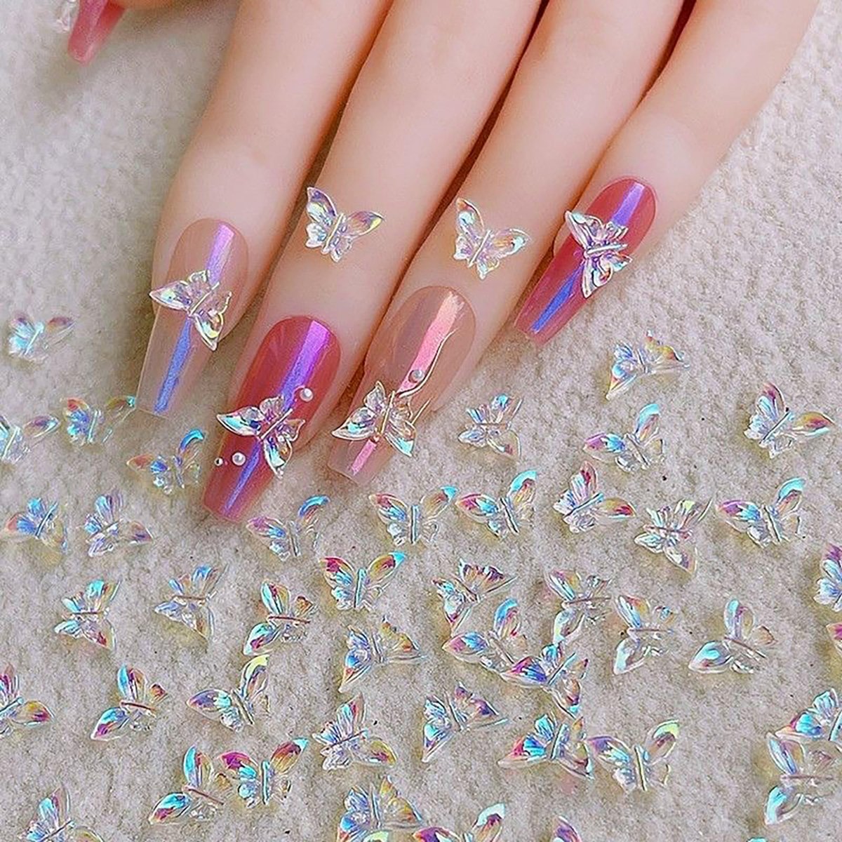 50 Pcs 3D Butterfly Nail Charms - Aurora Effect Resin Nail Art Decorations, Cute Kawaii Nail Accessories for Acrylic Nails DIY, Manicure Supplies for Women Girls - görsel 5