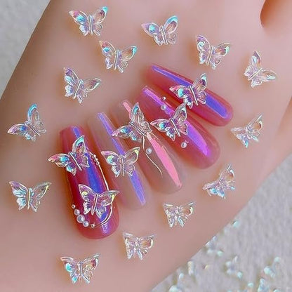 50 Pcs 3D Butterfly Nail Charms - Aurora Effect Resin Nail Art Decorations, Cute Kawaii Nail Accessories for Acrylic Nails DIY, Manicure Supplies for Women Girls