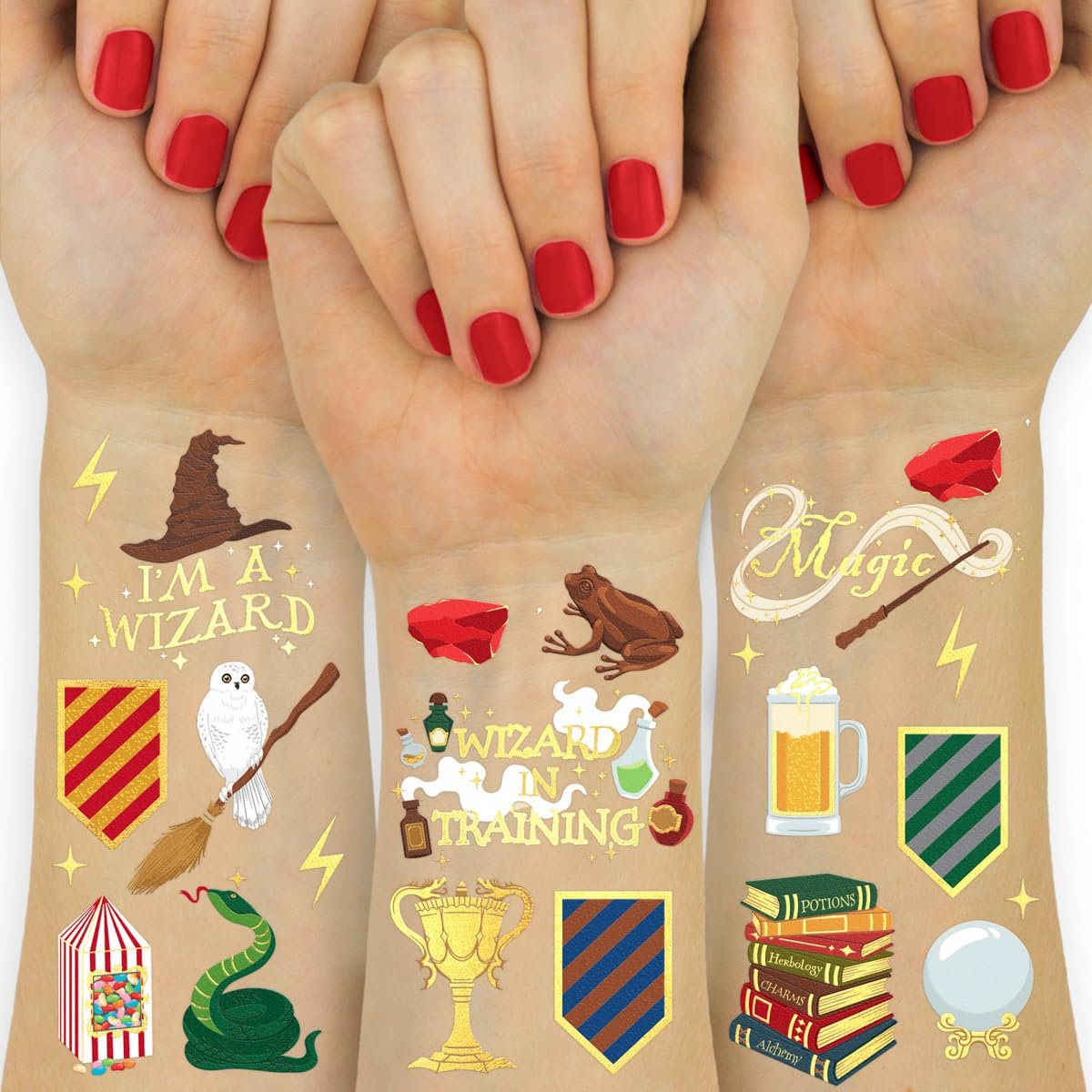 xo, Fetti Wizard Party Temporary Tattoos - 60 Gold Foil Styles | Magical Birthday Decorations, Magic Baby Shower Supplies, Wizardry Theme Favor, Kids Party Accessory - görsel 2