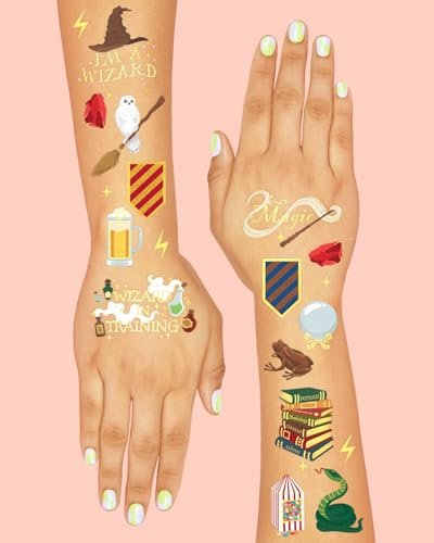 xo, Fetti Wizard Party Temporary Tattoos - 60 Gold Foil Styles | Magical Birthday Decorations, Magic Baby Shower Supplies, Wizardry Theme Favor, Kids Party Accessory - görsel 7