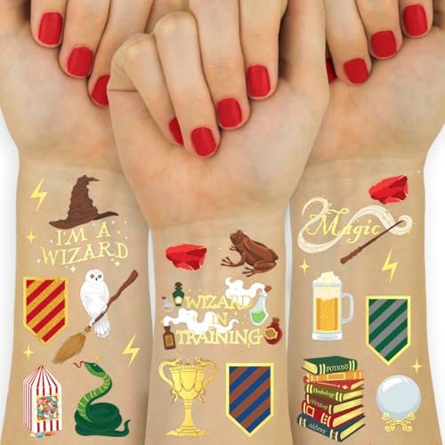 xo, Fetti Wizard Party Temporary Tattoos - 60 Gold Foil Styles | Magical Birthday Decorations, Magic Baby Shower Supplies, Wizardry Theme Favor, Kids Party Accessory - görsel 1