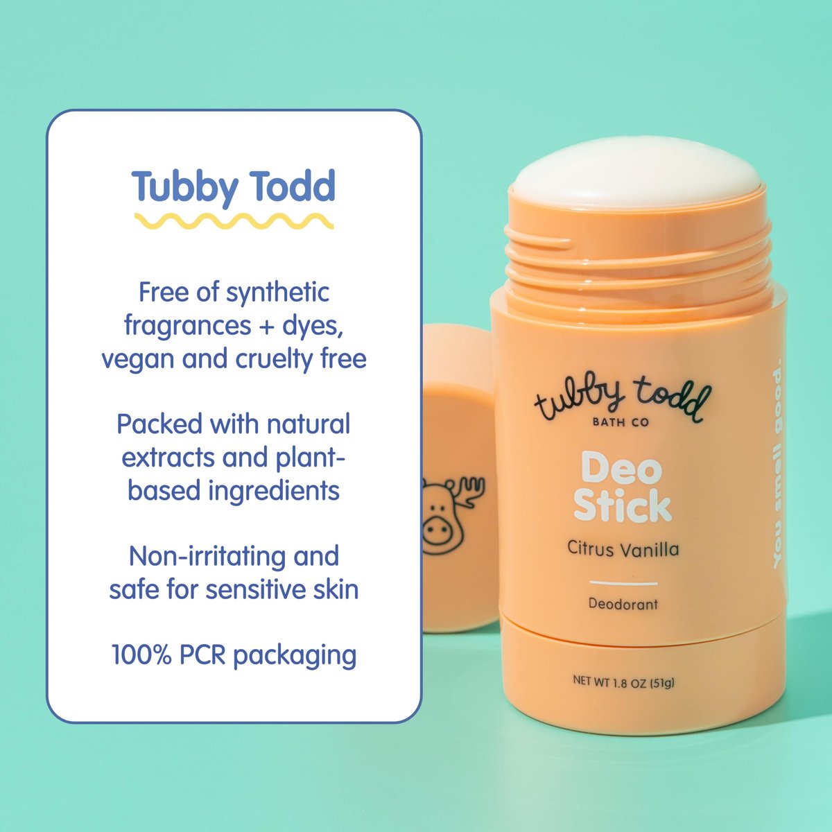 TUBBY TODD Deo Stick - Kids Deodorant - Aluminum-Free, Baking Soda-Free, Citrus Vanilla Deodorant for Sensitive Skin - Odor Protection with Tapioca Starch & Magnesium - Safe for Kids & Tweens - 2 Pack Avelisse