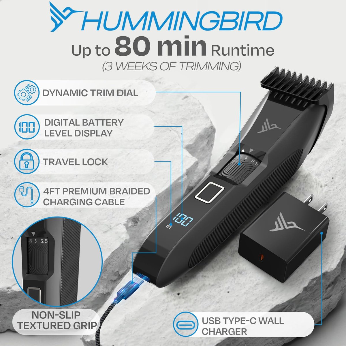 HUMMINGBIRD MK14 BeardMaster – Precision Beard Trimmer with Adjustable 20 Length Settings, Stainless Steel T-Blade, Cordless USB-C, Waterproof, LED Display, Travel Case Avelisse