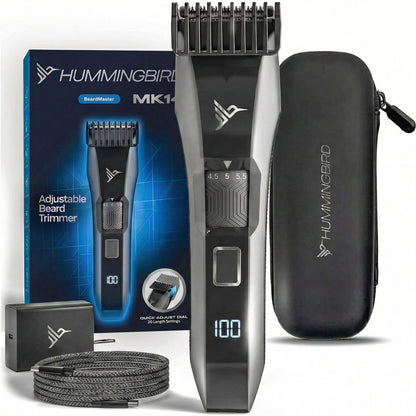 HUMMINGBIRD MK14 BeardMaster – Precision Beard Trimmer with Adjustable 20 Length Settings, Stainless Steel T-Blade, Cordless USB-C, Waterproof, LED Display, Travel Case Avelisse