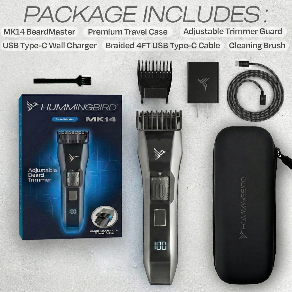 HUMMINGBIRD MK14 BeardMaster – Precision Beard Trimmer with Adjustable 20 Length Settings, Stainless Steel T-Blade, Cordless USB-C, Waterproof, LED Display, Travel Case Avelisse