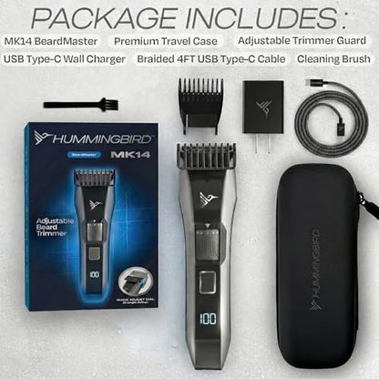HUMMINGBIRD MK14 BeardMaster – Precision Beard Trimmer with Adjustable 20 Length Settings, Stainless Steel T-Blade, Cordless USB-C, Waterproof, LED Display, Travel Case Avelisse