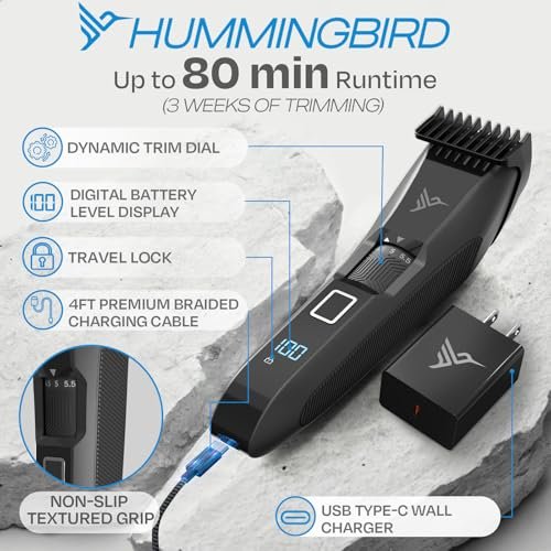 HUMMINGBIRD MK14 BeardMaster – Precision Beard Trimmer with Adjustable 20 Length Settings, Stainless Steel T-Blade, Cordless USB-C, Waterproof, LED Display, Travel Case Avelisse