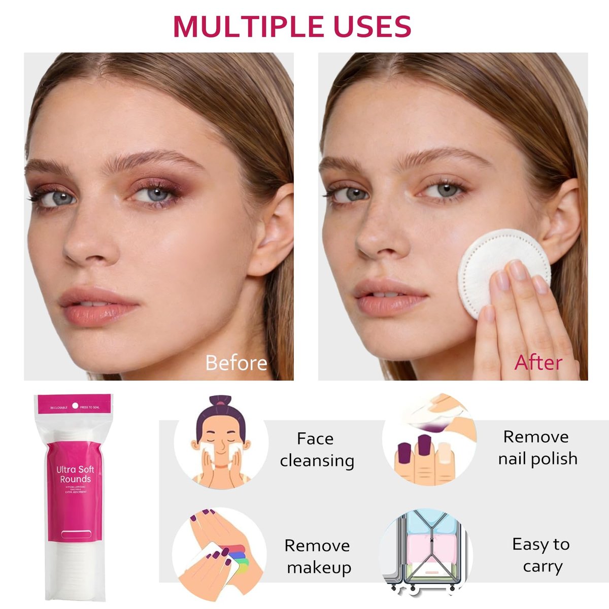 600 PCS Cotton Rounds – 100 Count (Pack of 6) – Soft, Absorbent, 100% Pure Cotton Face Pads for Makeup Removal, Skincare, and Gentle Facial Cleansing – Lint Free Stitched Pads - görsel 11