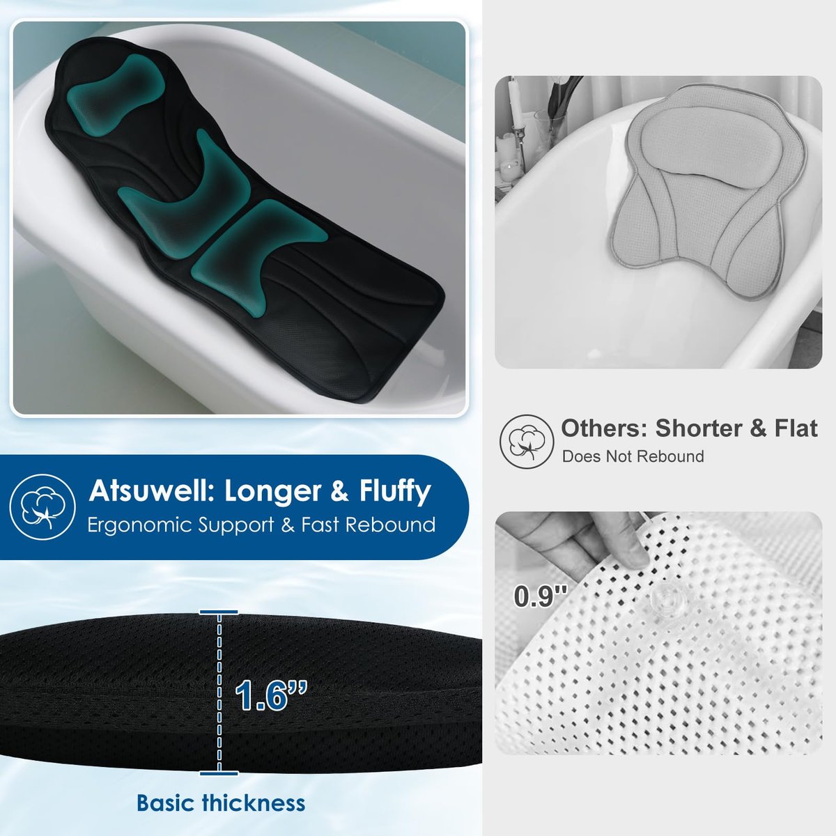 Atsuwell Full Body Bath Pillow for Bathtub, Ergonomic Bathtub Cushion for Neck, Waist, Hip Support, Luxury 3D Mesh Shower Pillow with Non-Slip Suction Cups & Dual Hooks, Pressure Relief, 51'' x 17'' Avelisse