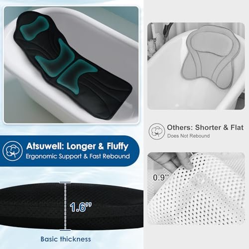 Atsuwell Full Body Bath Pillow for Bathtub, Ergonomic Bathtub Cushion for Neck, Waist, Hip Support, Luxury 3D Mesh Shower Pillow with Non-Slip Suction Cups & Dual Hooks, Pressure Relief, 51'' x 17'' Avelisse