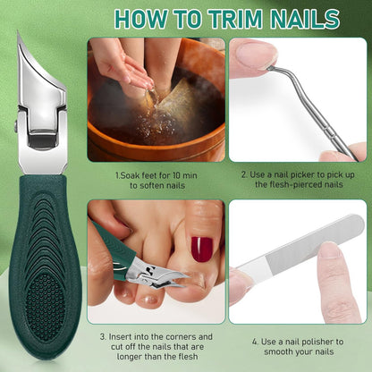 Eagle Beak Beveled Nail Clippers - 3-Piece Set for Thick Nails, Seniors & Ingrown Care (Green) Avelisse