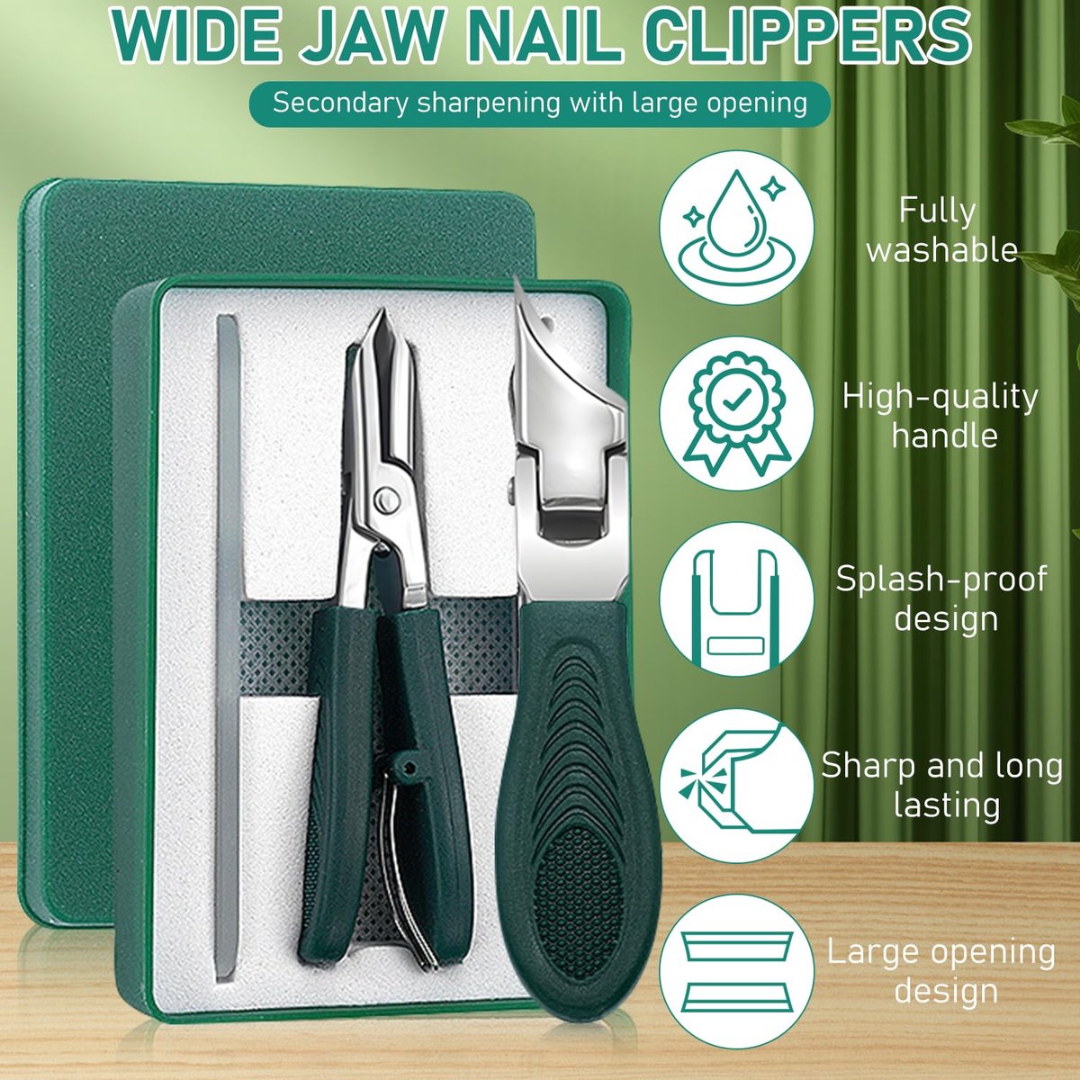 Eagle Beak Beveled Nail Clippers - 3-Piece Set for Thick Nails, Seniors & Ingrown Care (Green) Avelisse
