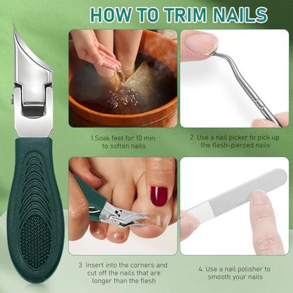 Eagle Beak Beveled Nail Clippers - 3-Piece Set for Thick Nails, Seniors & Ingrown Care (Green) Avelisse