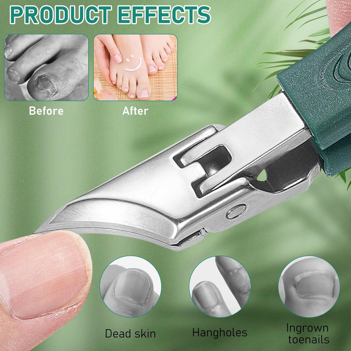 Eagle Beak Beveled Nail Clippers - 3-Piece Set for Thick Nails, Seniors & Ingrown Care (Green) Avelisse