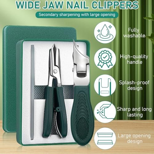 Eagle Beak Beveled Nail Clippers - 3-Piece Set for Thick Nails, Seniors & Ingrown Care (Green) Avelisse
