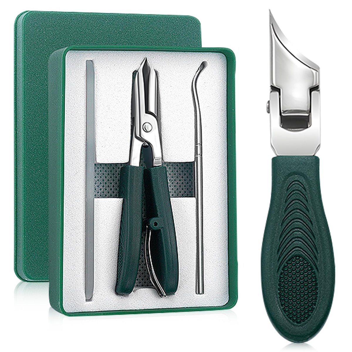 Eagle Beak Beveled Nail Clippers - 3-Piece Set for Thick Nails, Seniors & Ingrown Care (Green) Avelisse
