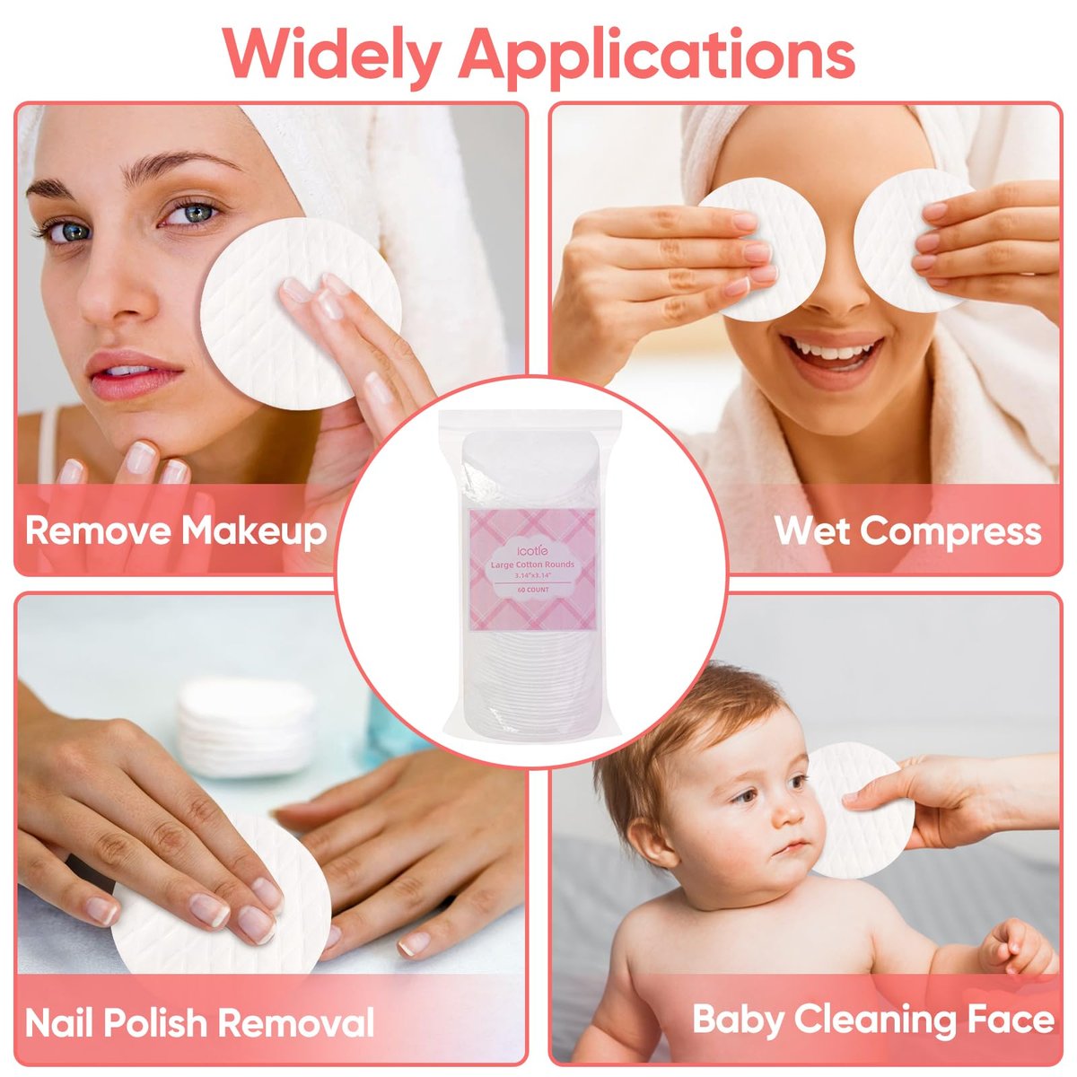 ICOTLE Extra Large Cotton Rounds - 3.14" Diameter, 100% Pure Cotton, Lint-Free, 120 Count for Makeup Removal & Face Cleansing - görsel 11