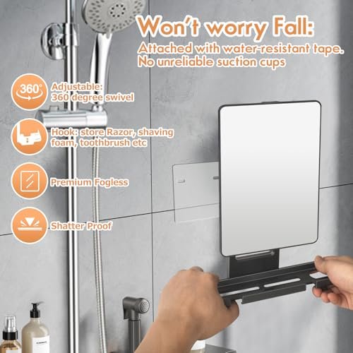Deweisn Fogless Shower Mirror with 360° Rotation, Adjustable Shaving Mirror, Multifunctional Storage Tray & Razor Holders - Black Avelisse