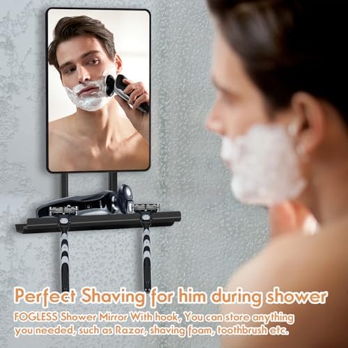 Deweisn Fogless Shower Mirror with 360° Rotation, Adjustable Shaving Mirror, Multifunctional Storage Tray & Razor Holders - Black Avelisse