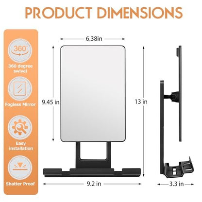 Deweisn Fogless Shower Mirror with 360° Rotation, Adjustable Shaving Mirror, Multifunctional Storage Tray & Razor Holders - Black Avelisse