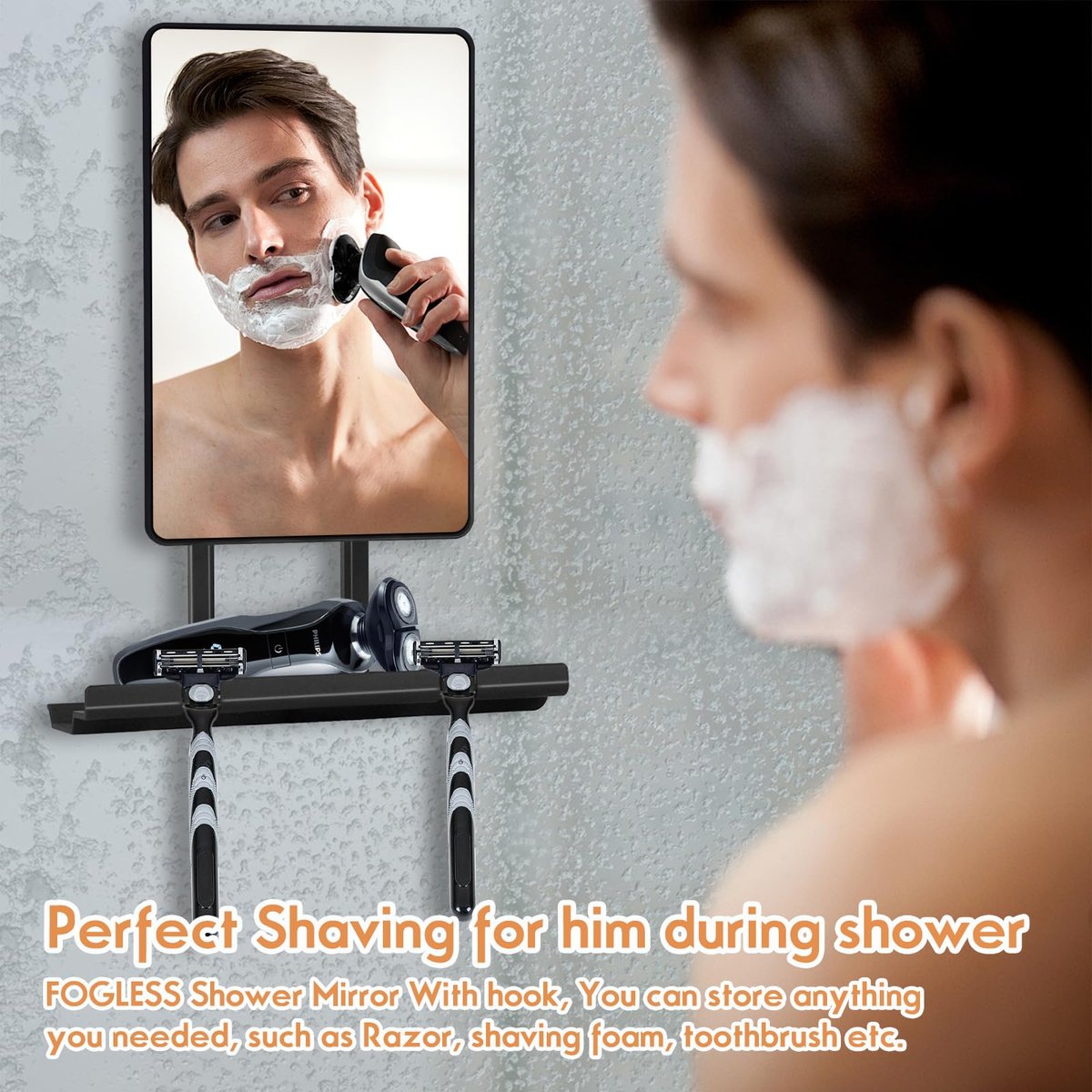Deweisn Fogless Shower Mirror with 360° Rotation, Adjustable Shaving Mirror, Multifunctional Storage Tray & Razor Holders - Black Avelisse