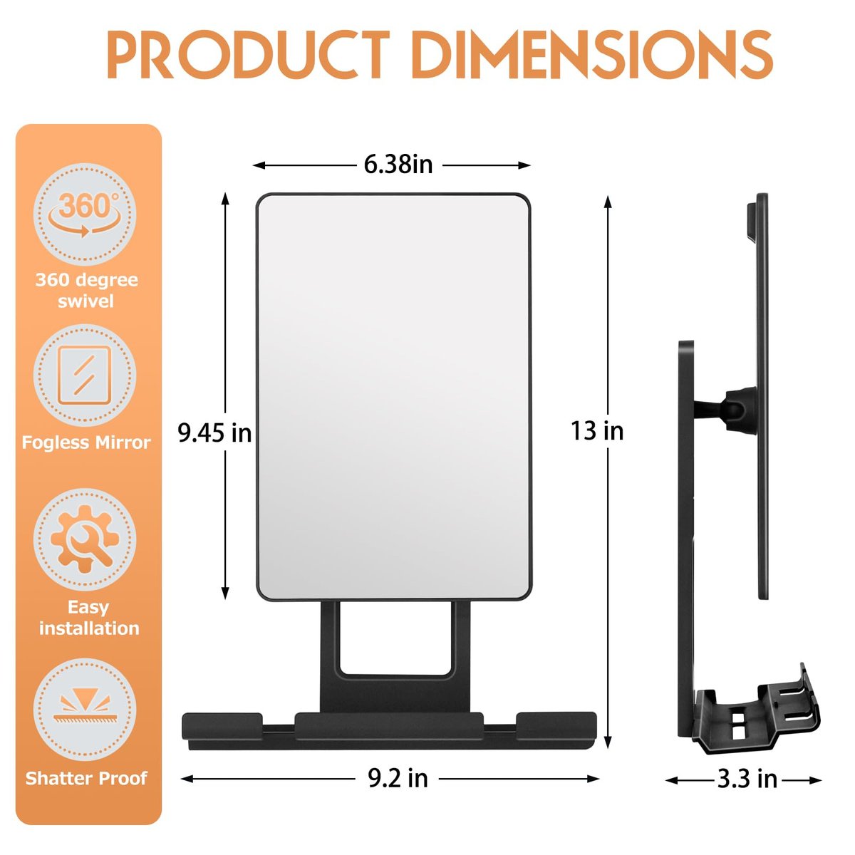 Deweisn Fogless Shower Mirror with 360° Rotation, Adjustable Shaving Mirror, Multifunctional Storage Tray & Razor Holders - Black Avelisse