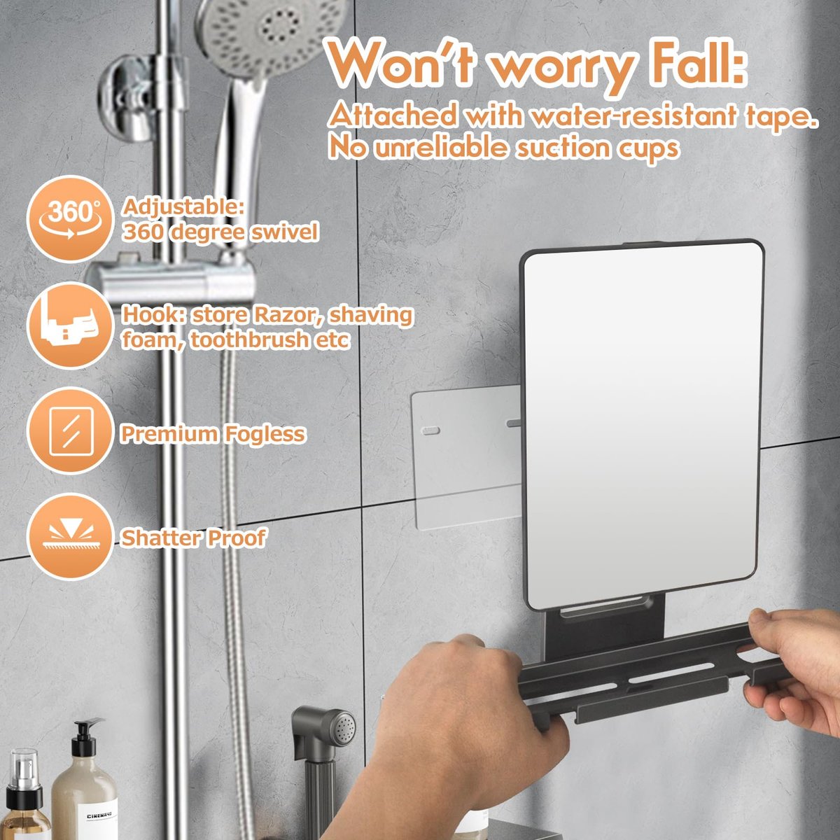 Deweisn Fogless Shower Mirror with 360° Rotation, Adjustable Shaving Mirror, Multifunctional Storage Tray & Razor Holders - Black Avelisse