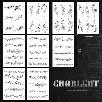 CHARLENT Temporary Tattoos for Women - 49 Pcs Line Leaves Sketch Fake Tattoos - Realistic Long-Lasting Waterproof Body Art for Arm, Wrist, Leg