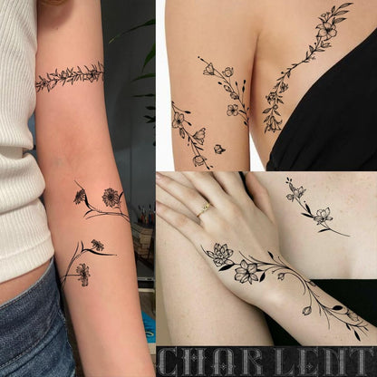 CHARLENT Temporary Tattoos for Women - 49 Pcs Line Leaves Sketch Fake Tattoos - Realistic Long-Lasting Waterproof Body Art for Arm, Wrist, Leg