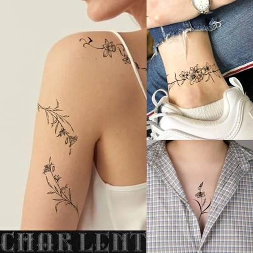 CHARLENT Temporary Tattoos for Women - 49 Pcs Line Leaves Sketch Fake Tattoos - Realistic Long-Lasting Waterproof Body Art for Arm, Wrist, Leg - görsel 8