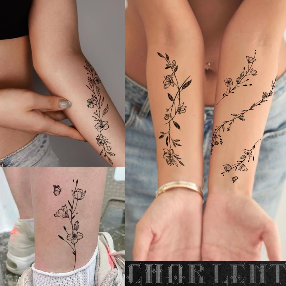 CHARLENT Temporary Tattoos for Women - 49 Pcs Line Leaves Sketch Fake Tattoos - Realistic Long-Lasting Waterproof Body Art for Arm, Wrist, Leg - görsel 5