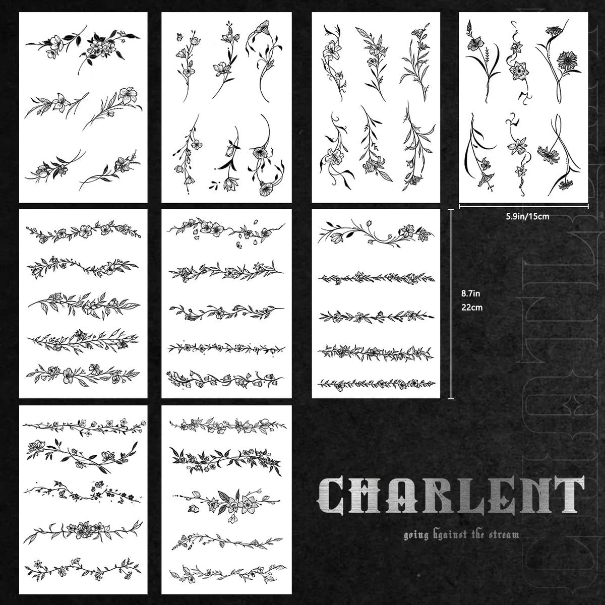 CHARLENT Temporary Tattoos for Women - 49 Pcs Line Leaves Sketch Fake Tattoos - Realistic Long-Lasting Waterproof Body Art for Arm, Wrist, Leg - görsel 3