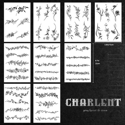 CHARLENT Temporary Tattoos for Women - 49 Pcs Line Leaves Sketch Fake Tattoos - Realistic Long-Lasting Waterproof Body Art for Arm, Wrist, Leg