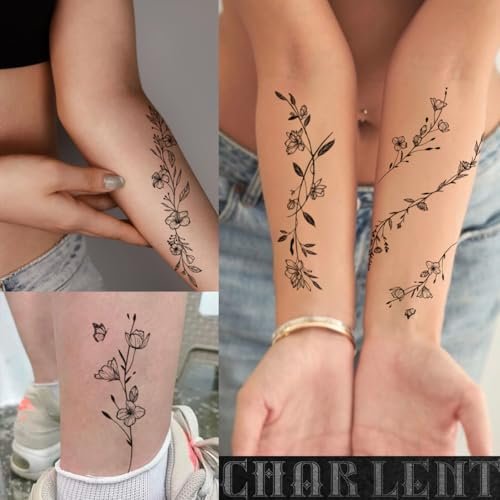 CHARLENT Temporary Tattoos for Women - 49 Pcs Line Leaves Sketch Fake Tattoos - Realistic Long-Lasting Waterproof Body Art for Arm, Wrist, Leg - görsel 6