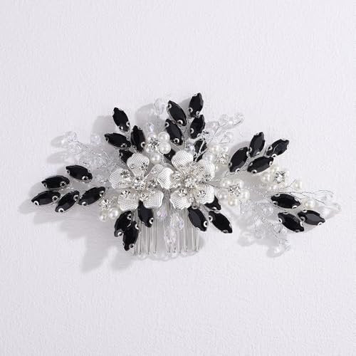 Lenjicons Dainty Rhinestone Pearls Hair Comb - Black Rhinestone Flowers Wedding Headpiece Silver Flowers Pearls Bridal Hairpiece for Brides Bridesmaid - görsel 4