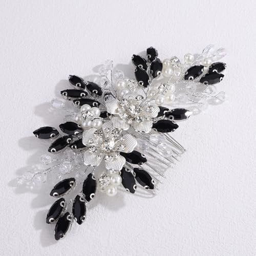 Lenjicons Dainty Rhinestone Pearls Hair Comb - Black Rhinestone Flowers Wedding Headpiece Silver Flowers Pearls Bridal Hairpiece for Brides Bridesmaid - görsel 10