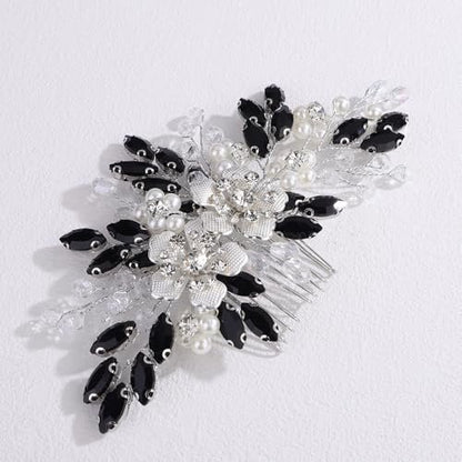 Lenjicons Dainty Rhinestone Pearls Hair Comb - Black Rhinestone Flowers Wedding Headpiece Silver Flowers Pearls Bridal Hairpiece for Brides Bridesmaid